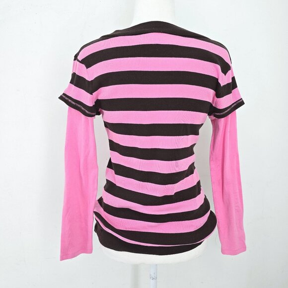 Vintage 90s Y2K Pink Brown VNeck Overlay Ribbed Long Sleeve Top KIds 14/16 Women - Picture 6 of 7